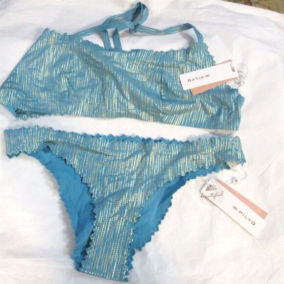 NWT Pilyq S Seashine Reversible Scoop Neck Halter Cheeky Bikini Swim Set #98491 - Picture 3 of 5